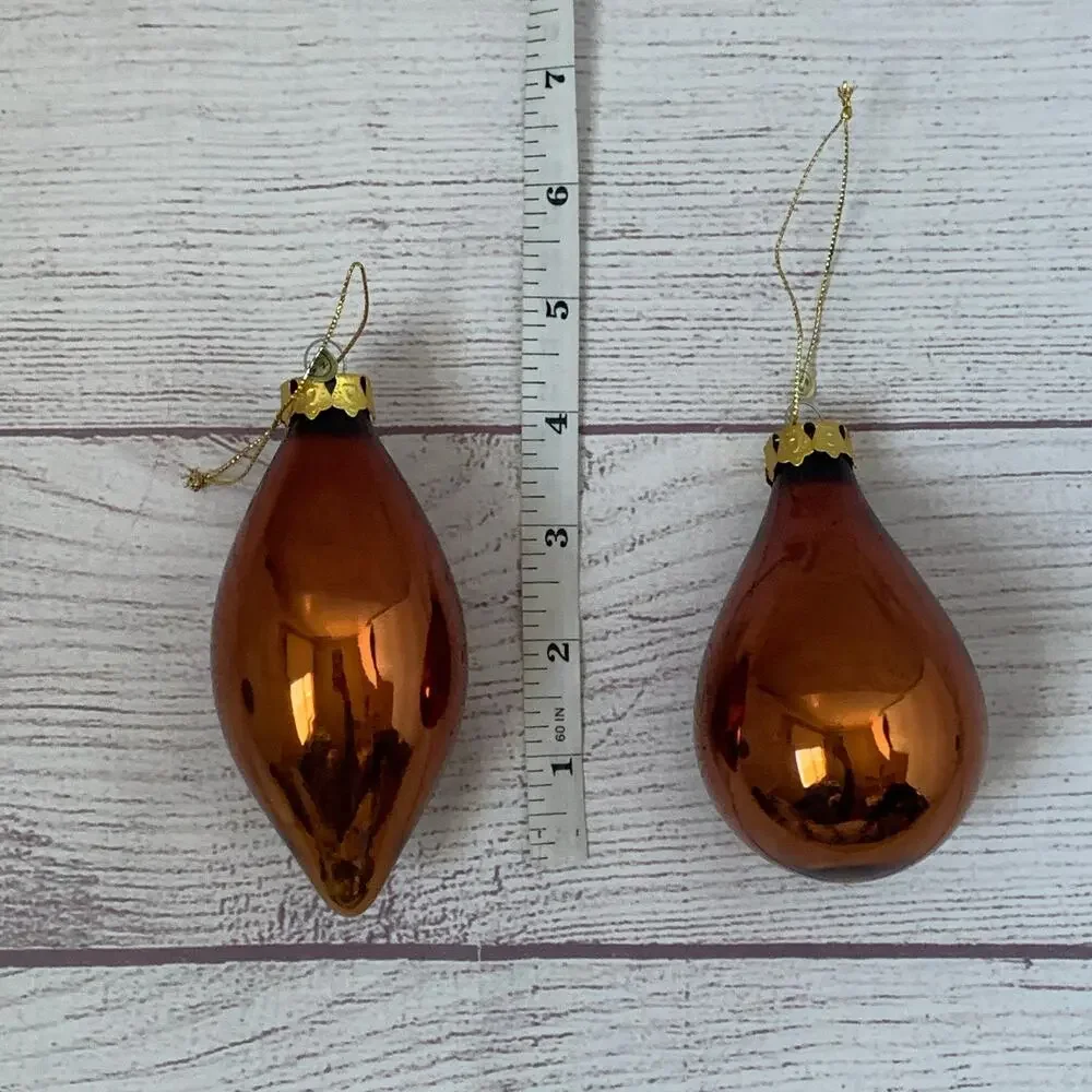 Vintage Glass Ornaments Set of 2 Brown Gold Drop Teardrop Christmas Tree
